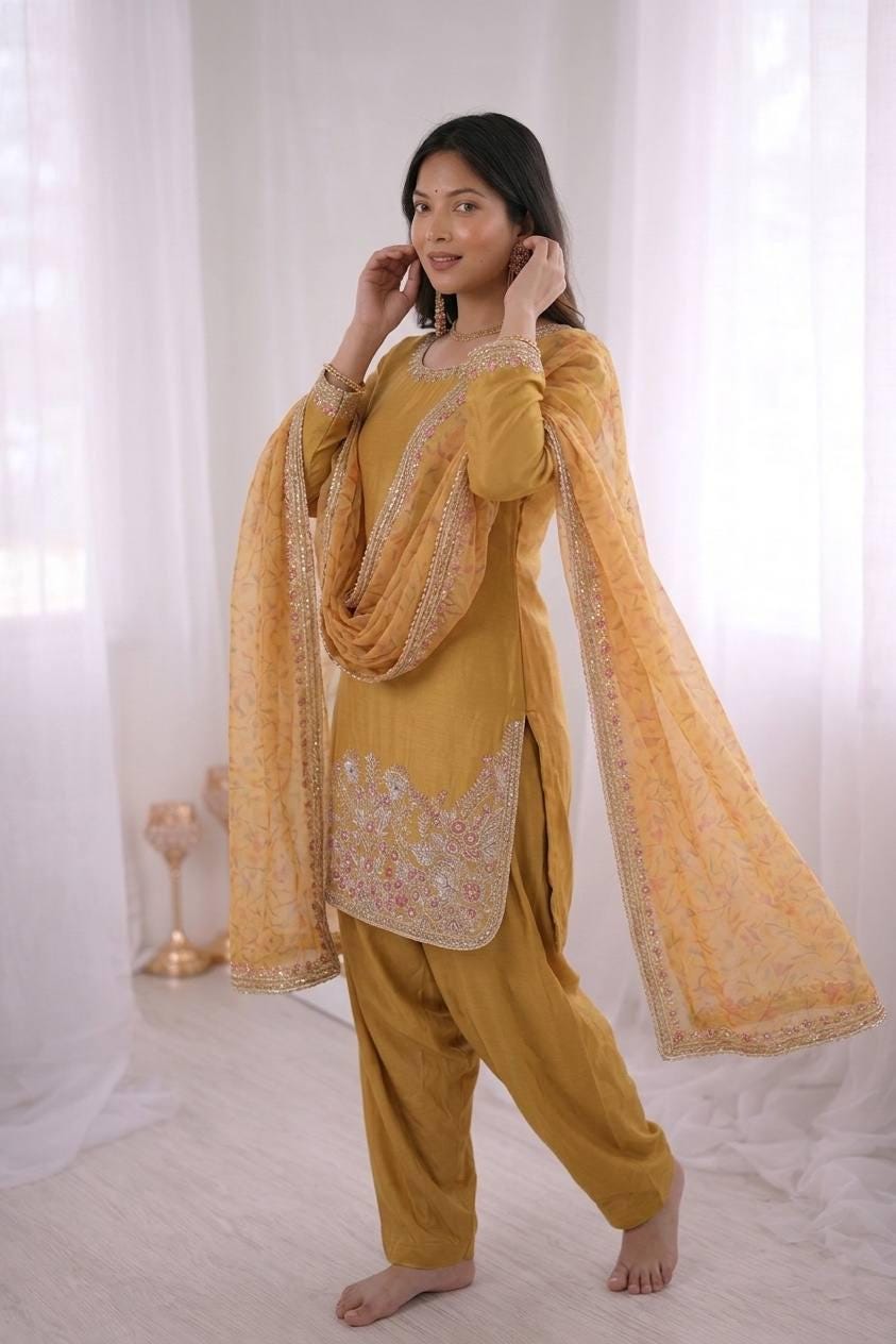 Yellow French Crepe Silk Embroidered Top, Bottom, Dupatta Set (Ready to Wear)
