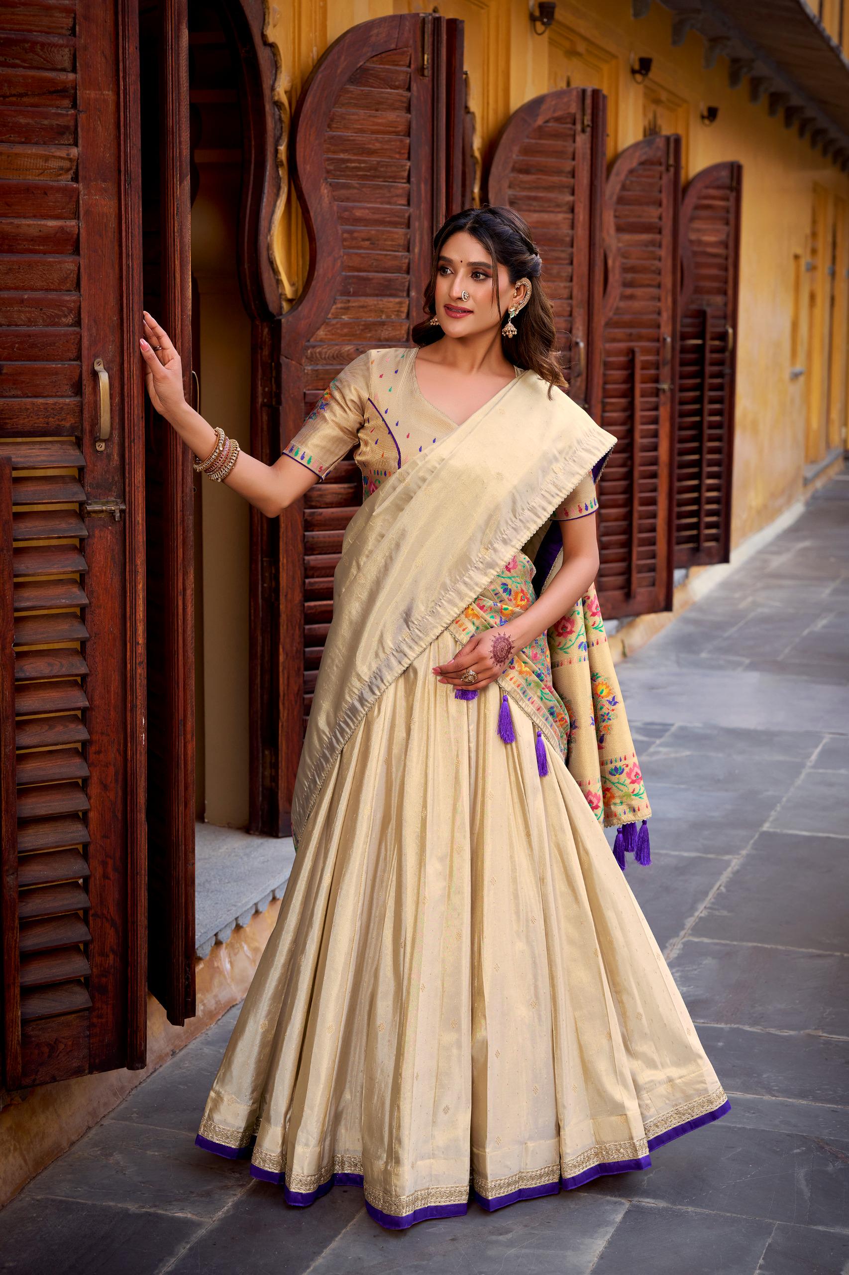 Paithani Silk Lehenga Choli — Cream & Gold Zari Weave
