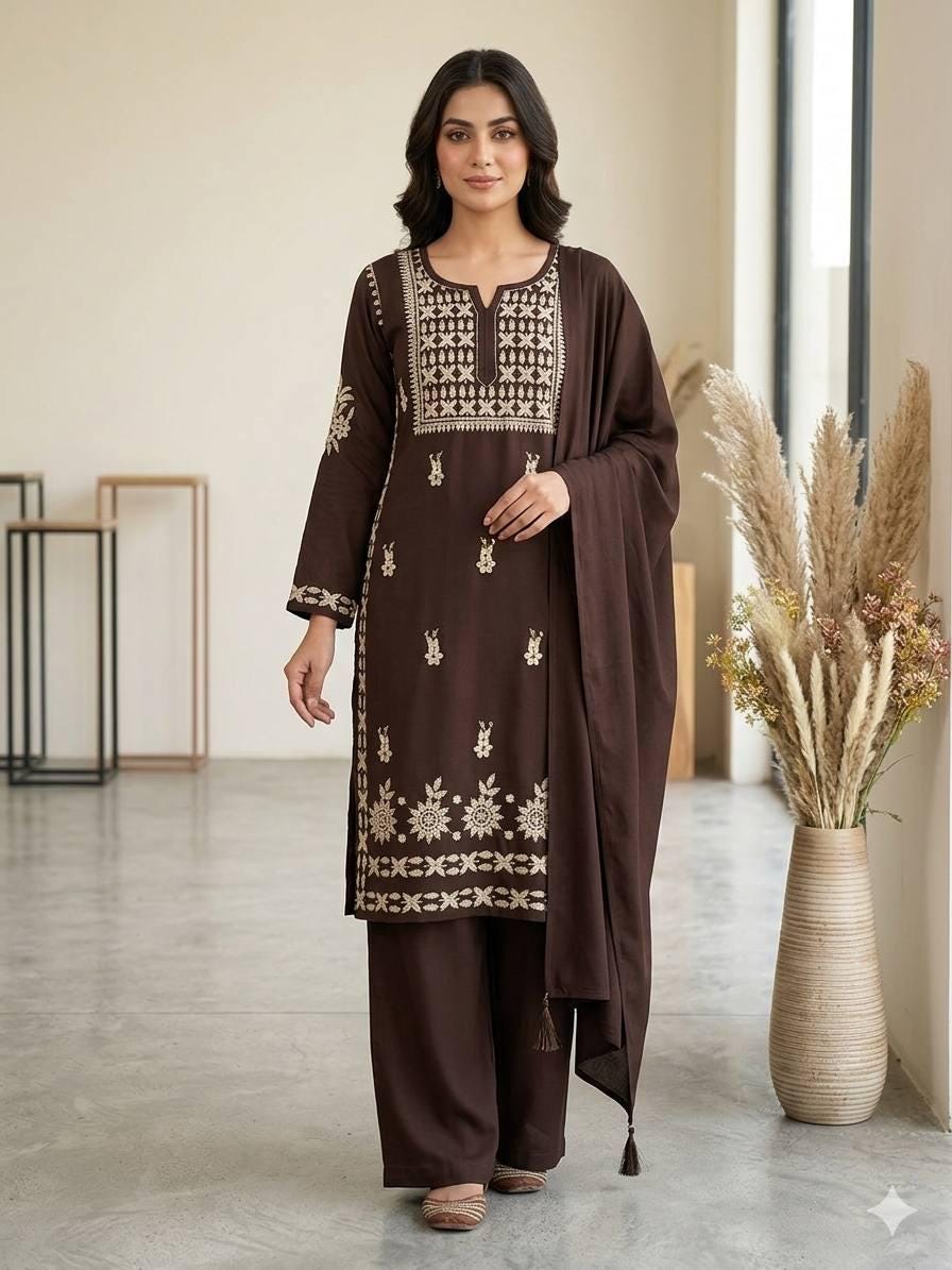 Embroidered Brown Rayon Kurta Salwar Set with Dupatta | Festive Party Wear