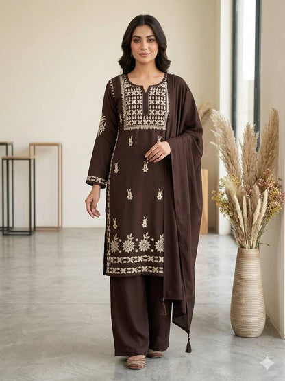 Embroidered Brown Rayon Kurta Salwar Set with Dupatta | Festive Party Wear