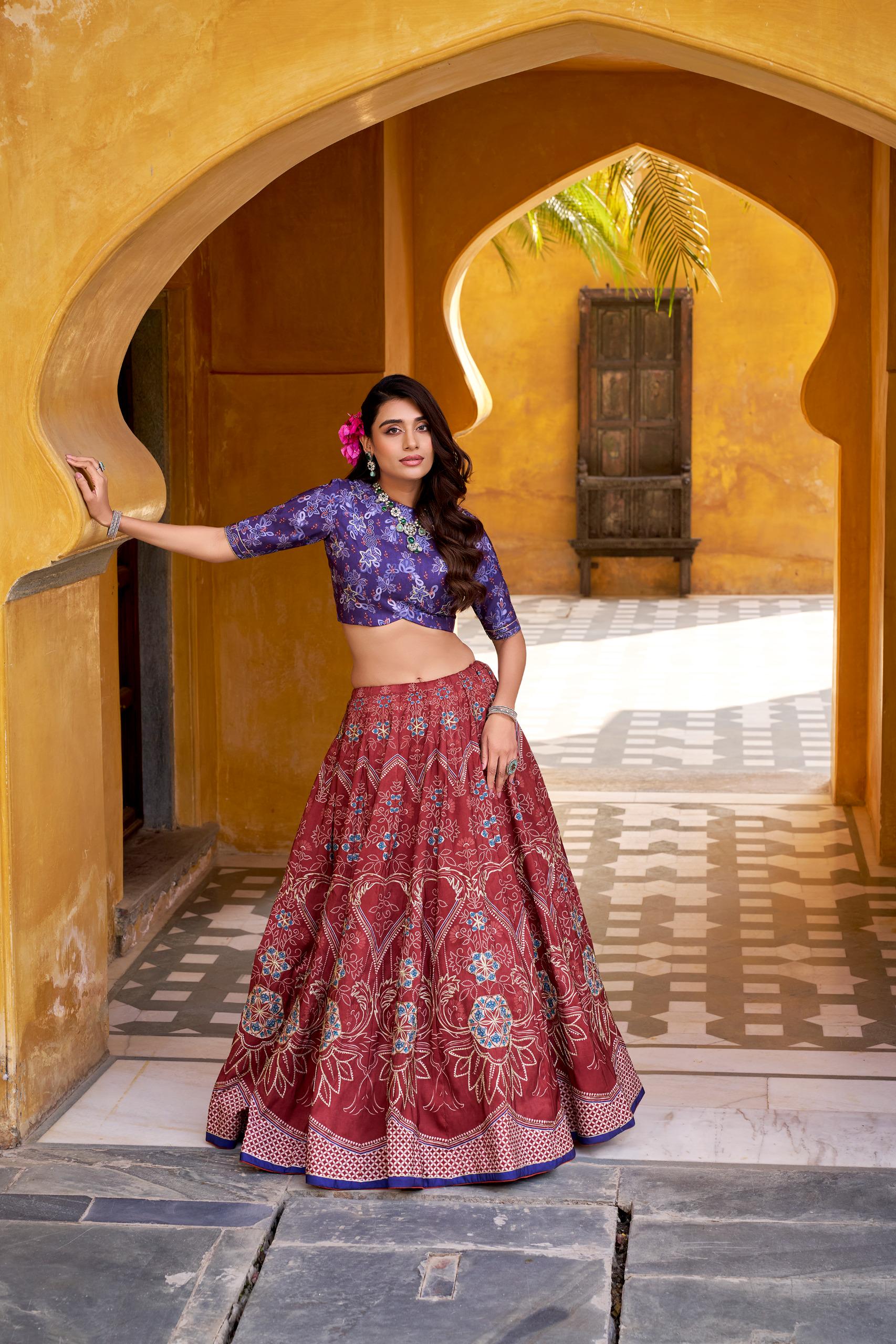 Elegant Printed Vaishali Silk Lehenga Choli Zyana | Indian Festive Wear Wedding Bridesmaid Ghagra Choli | Ready To Wear Stitched Skirt