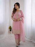 Pink Silk Top, Bottom, Dupatta Set: Heavy Embroidery Sequence Work (Fully Stitched)