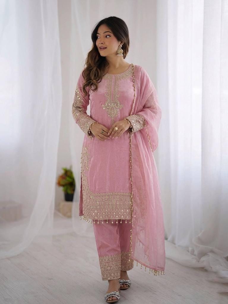 Pink Silk Top, Bottom, Dupatta Set: Heavy Embroidery Sequence Work (Fully Stitched)
