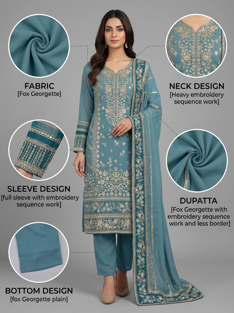 Teal Blue Fox Georgette Suit Set: Heavy Embroidery Sequence Work, Stitched Punjabi Salwar Kameez