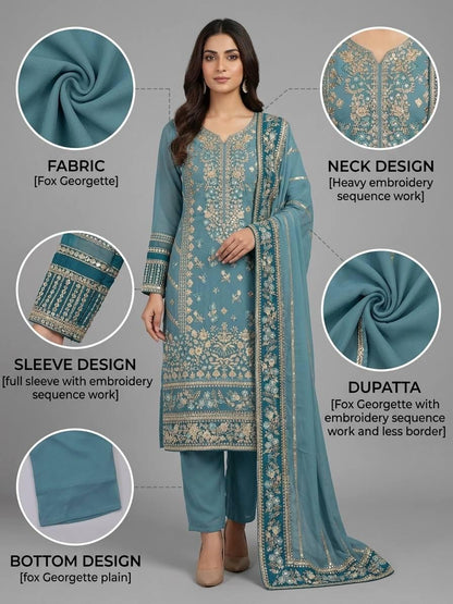 Teal Blue Fox Georgette Suit Set: Heavy Embroidery Sequence Work, Stitched Punjabi Salwar Kameez
