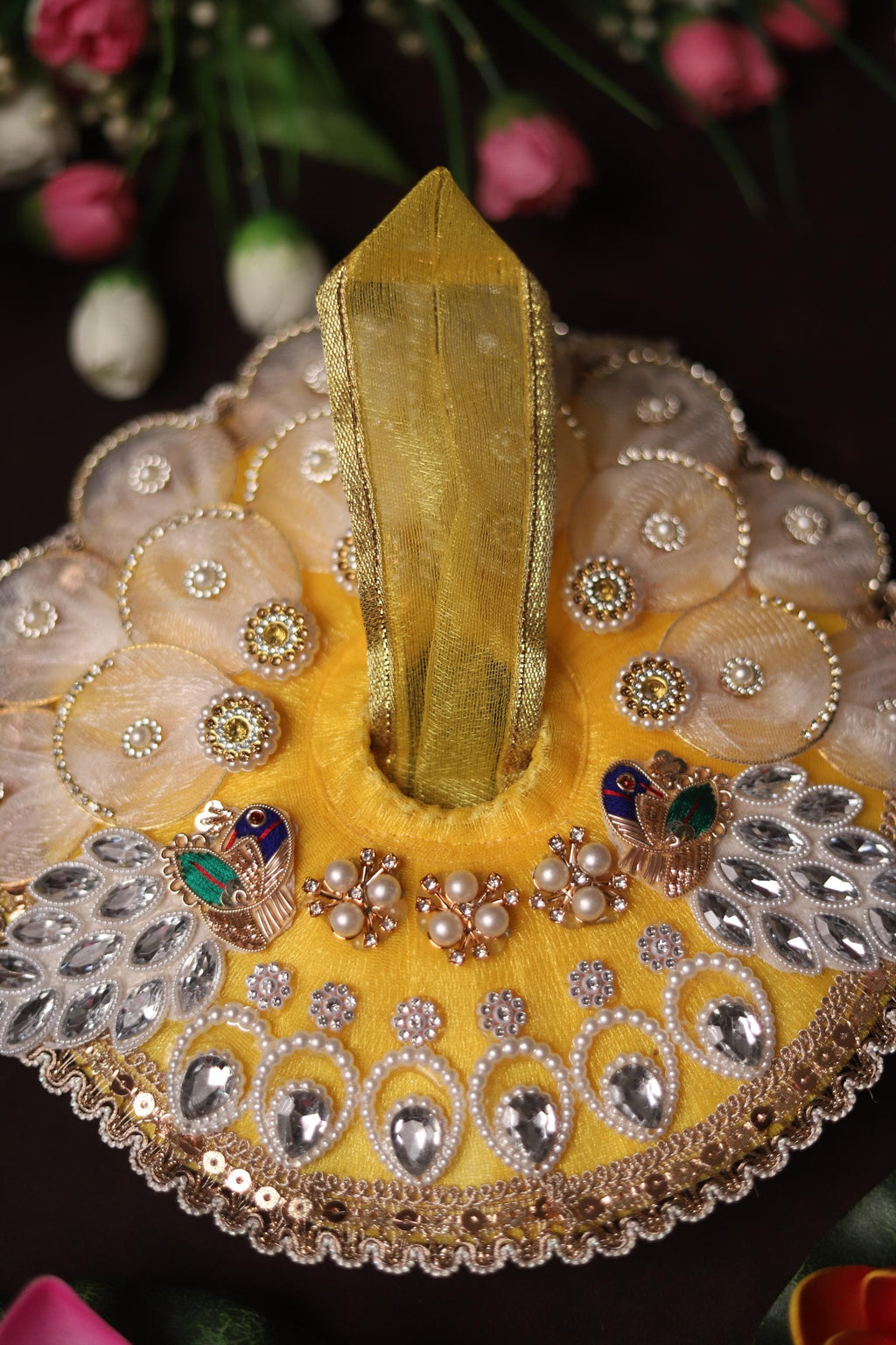 Handcrafted Kanha Ji Poshak with Elegant White Petals and Stone Work Embellishments Traditional Peacock Theme Laddu Gopal Dress