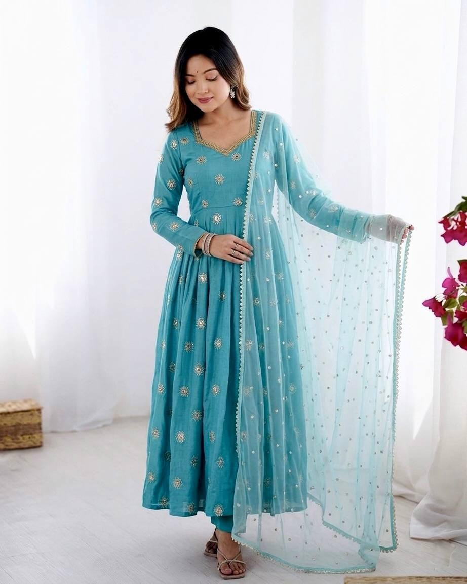 Blue Silk Gown, Long Sleeve Mirror Work, Full Flair Prom Dress