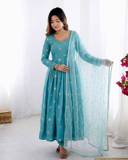 Blue Silk Gown, Long Sleeve Mirror Work, Full Flair Prom Dress