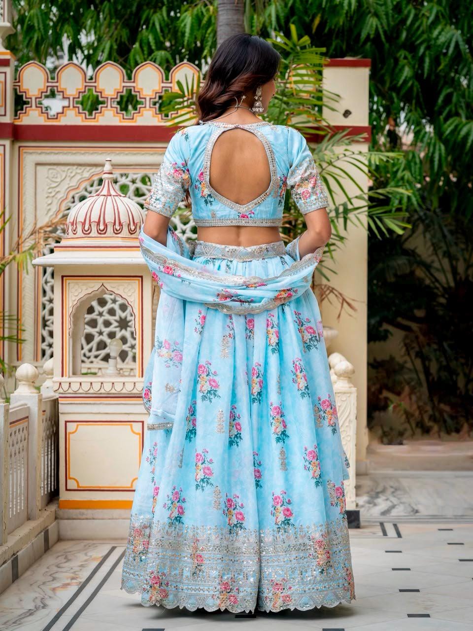 Designer Indian Wedding Lehenga Choli: Sky Blue Georgette Embroidery (Made To Order) Customize Size