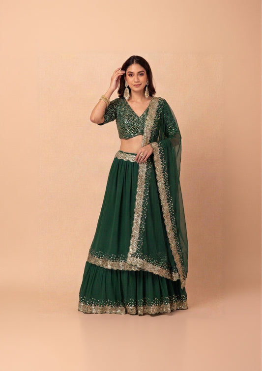 Designer Indian Wedding Lehenga Choli: Dark Green Georgette Embroidery Sequins Work (Made To Order)
