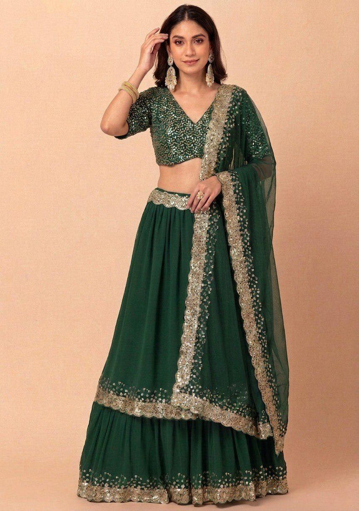 Designer Indian Wedding Lehenga Choli: Dark Green Georgette Embroidery Sequins Work (Made To Order)