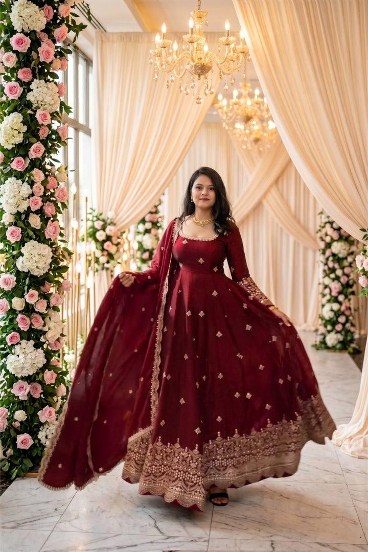 Maroon Pure Fendy Silk Gown Set | Sequence Embroidery Party Wear Dress