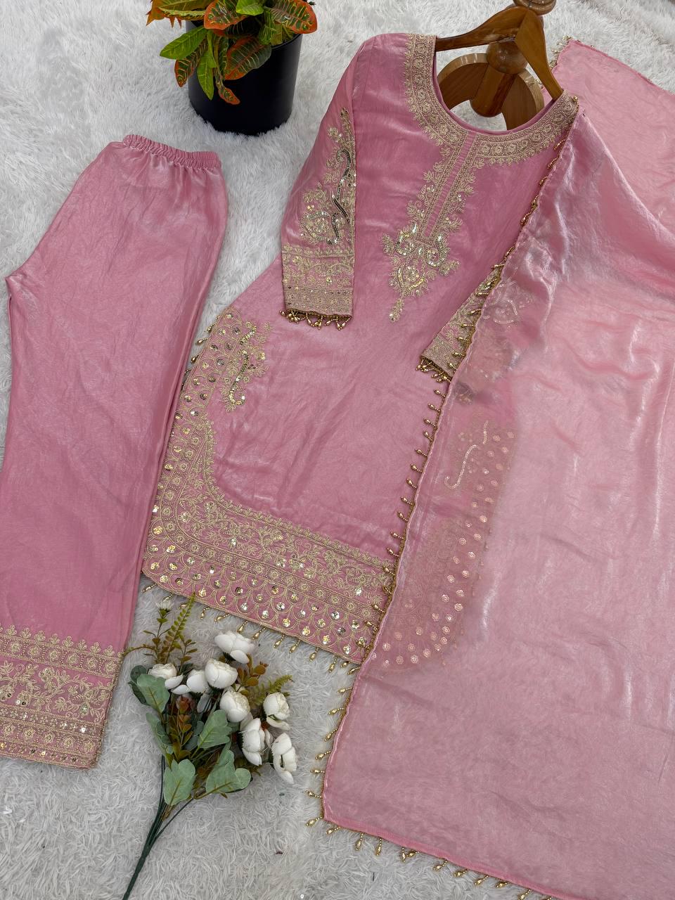 Pink Silk Top, Bottom, Dupatta Set: Heavy Embroidery Sequence Work (Fully Stitched)