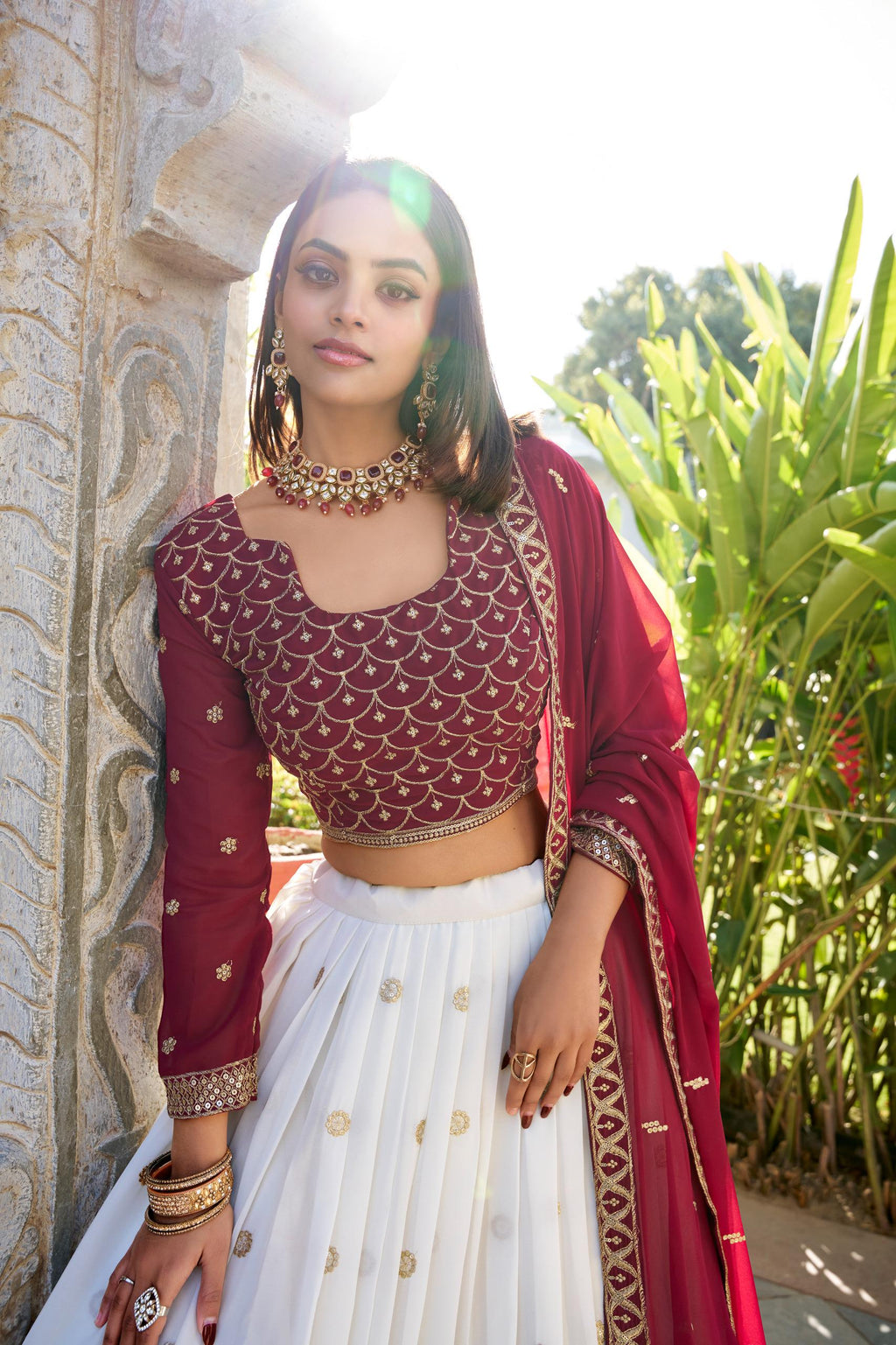 White Georgette Lehenga Choli Set | Sequins Embroidery Work, Festive Occasion Dress