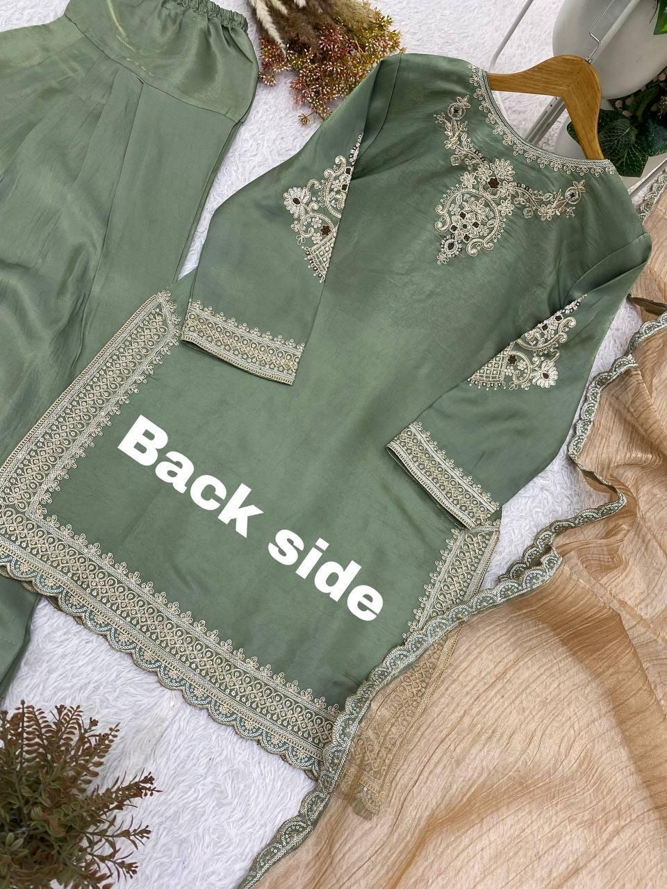 Designer Sage Green Glass Satin Kurta Set with Dupatta | Embroidered Indian Wedding Party Wear