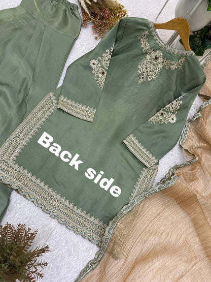 Designer Sage Green Glass Satin Kurta Set with Dupatta | Embroidered Indian Wedding Party Wear