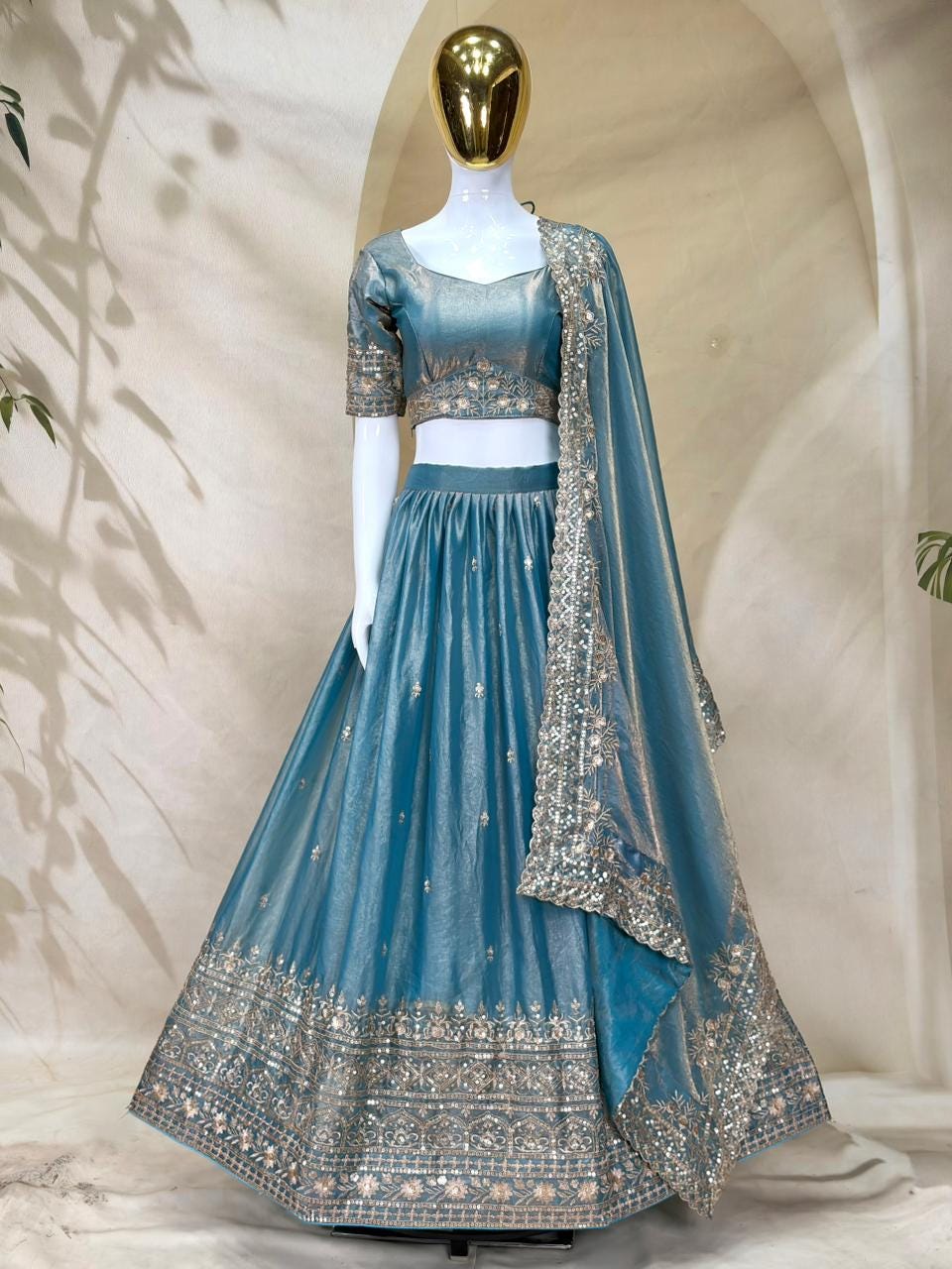 Designer Indian Wedding Lehenga Choli: Tint Blue Fandy Silk Embroidery (Made To Order)