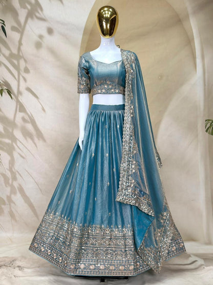 Designer Indian Wedding Lehenga Choli: Tint Blue Fandy Silk Embroidery (Made To Order)