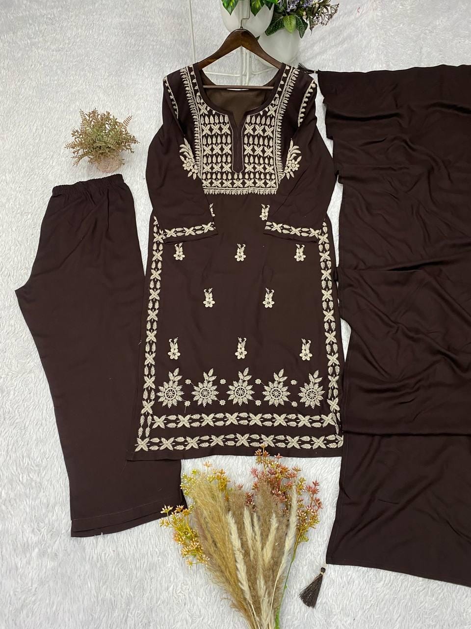 Embroidered Brown Rayon Kurta Salwar Set with Dupatta | Festive Party Wear