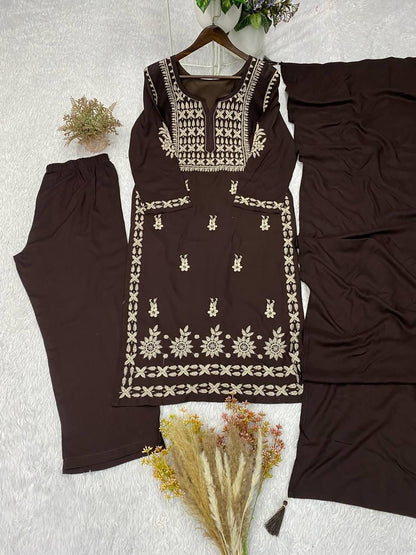 Embroidered Brown Rayon Kurta Salwar Set with Dupatta | Festive Party Wear