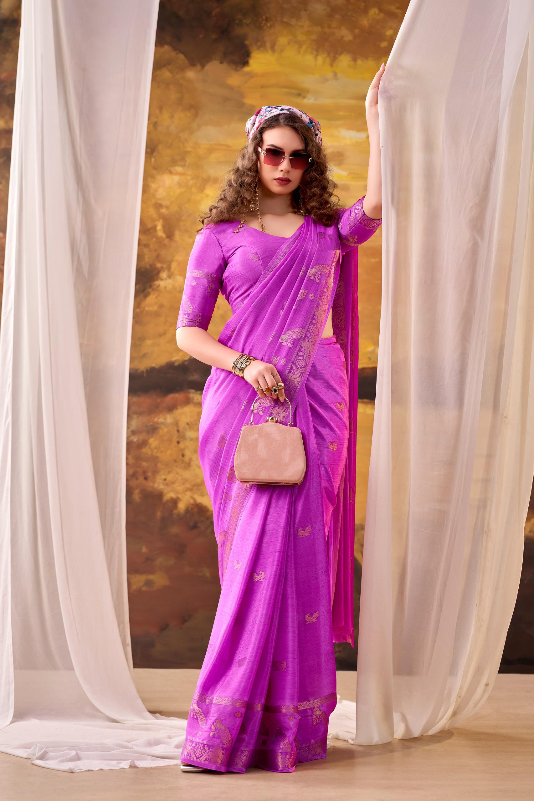 Pink Crepe Silk Saree with Woven Blouse