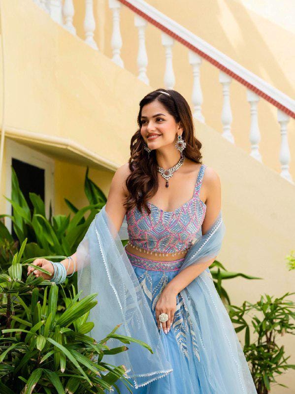 Designer Indian Wedding Lehenga Choli: Sky Blue Soft Net Embroidery Custom Stitched Blouse