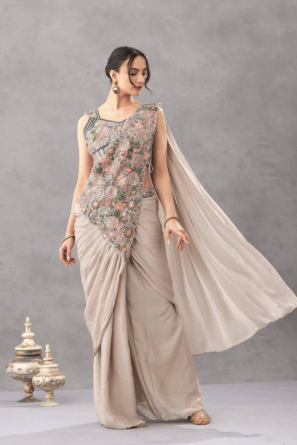 Ready-to-Wear White Chinon Silk Saree with Sequin Work