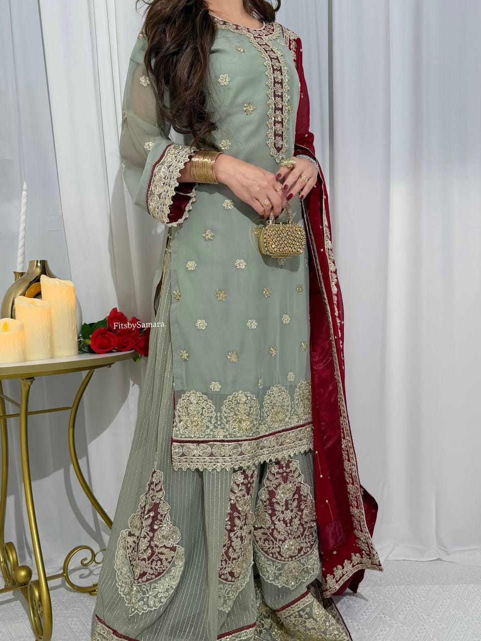 Sky Blue Georgette Suit Set: Heavy Sequence Embroidery, Stitched Salwar Kameez Dupatta