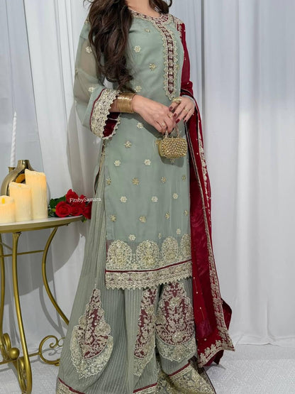 Sky Blue Georgette Suit Set: Heavy Sequence Embroidery, Stitched Salwar Kameez Dupatta