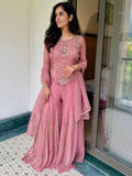 Designer Baby Pink Fendy Silk Embroidery Coding & Sequence Work Sharara Suit Set Custom Stitched