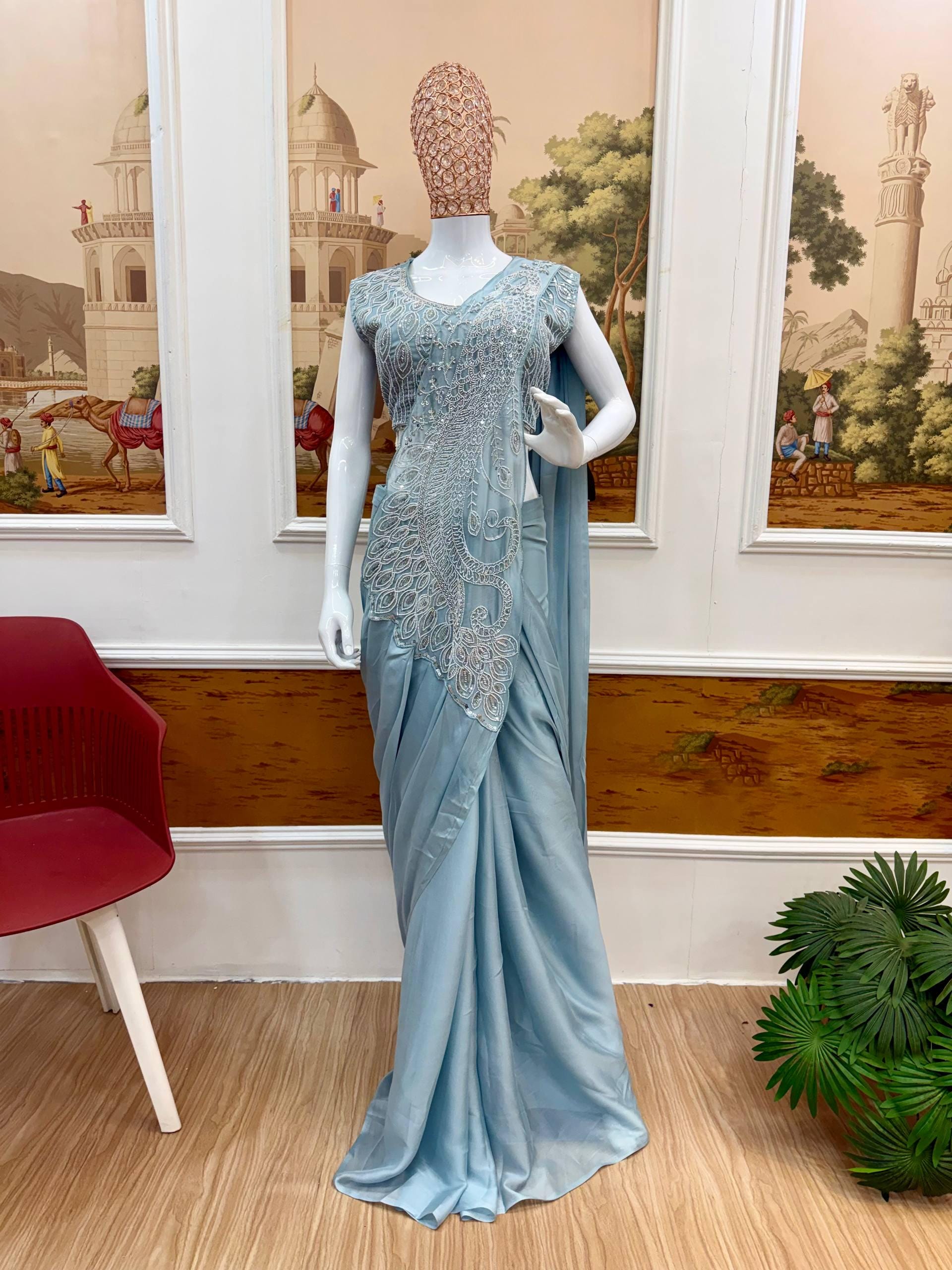 Ready-to-Wear Blue Silk Drape Saree with Sequins Work Blouse