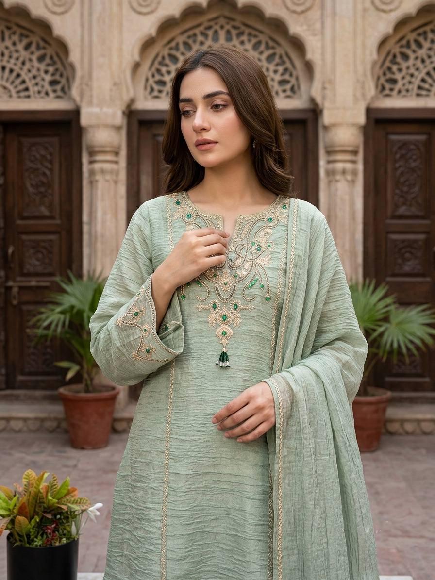 Designer Salsa Silk Sage Green Embroidery Coding & Stone Work Sharara Suit Set Custom Stitched