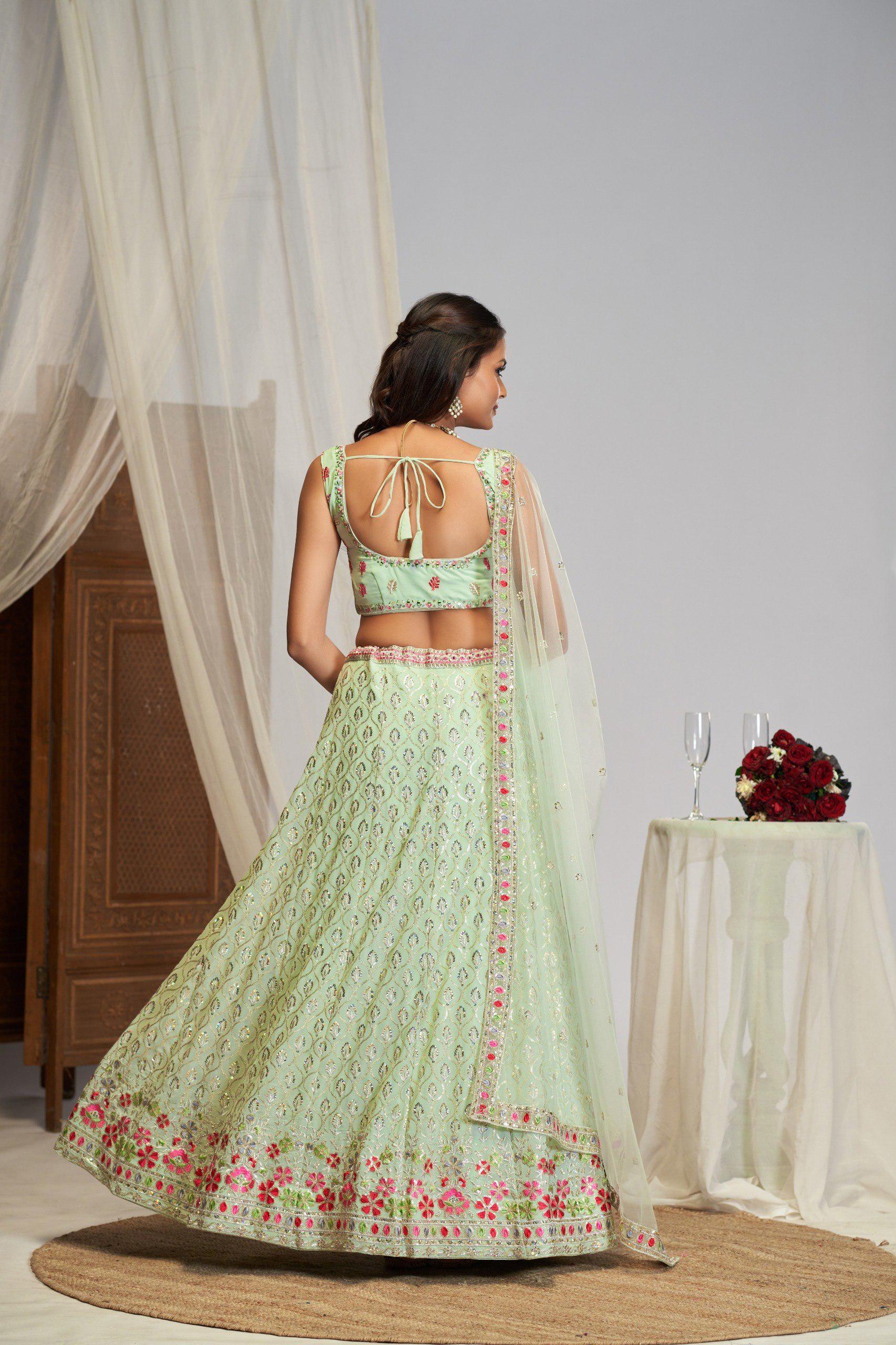 Designer Indian Wedding Lehenga Choli Set: White Georgette Embroidery (Made To Order) Stitched Blouse
