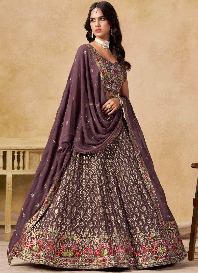 Designer Indian Wedding Lehenga Choli: Dark Brown Georgette Embroidery (Made To Order)