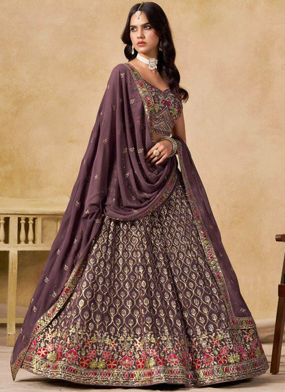 Designer Indian Wedding Lehenga Choli: Dark Brown Georgette Embroidery (Made To Order)
