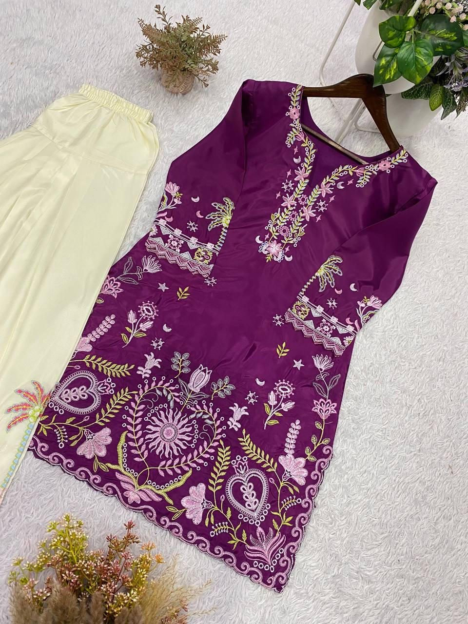 Designer French Crape Embroidered Kurti Salwaar Set | Purple Off-White Ethnic Dress