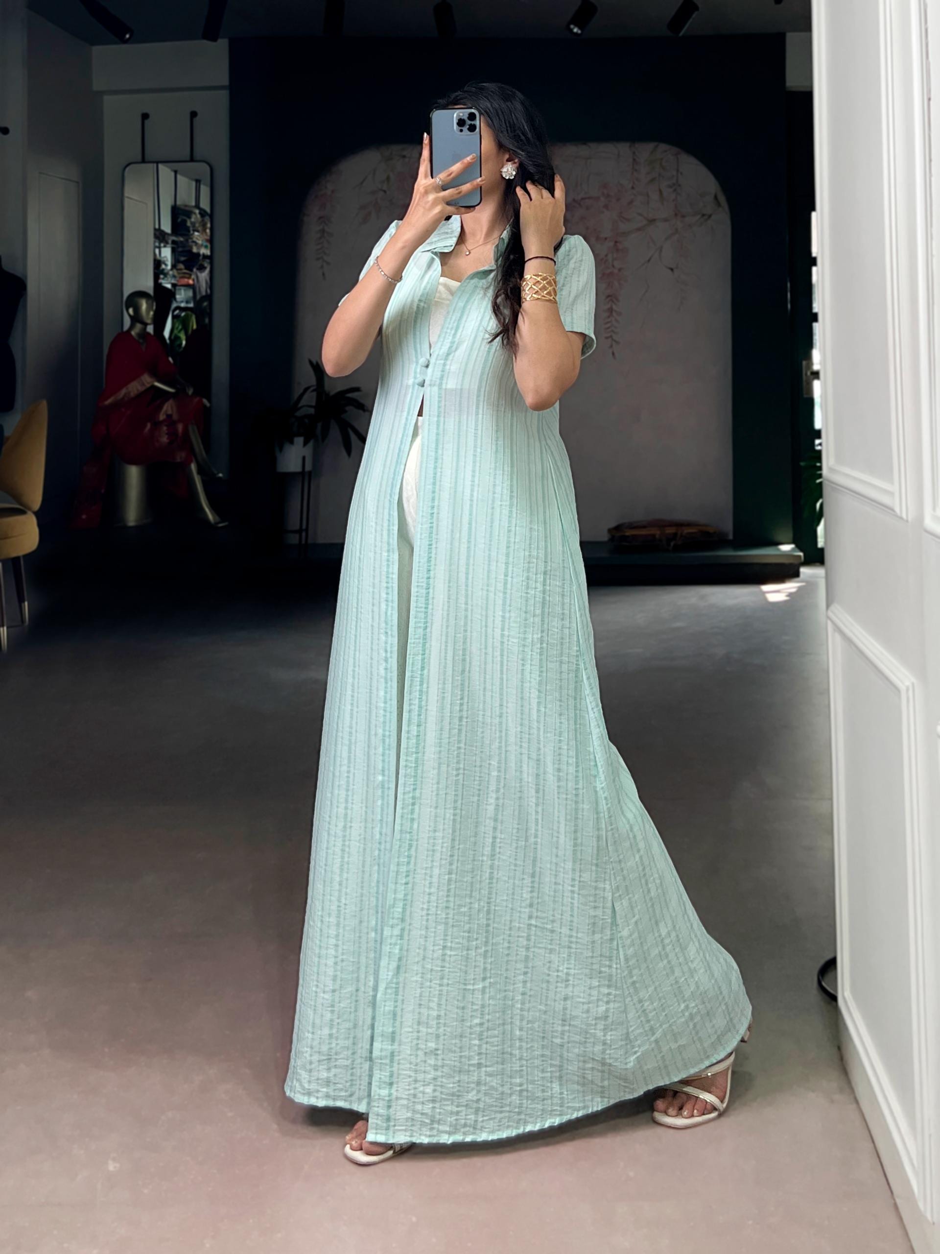 3 Piece Orchid Co Ord Set, Striped Long Shrug Jacket, Indowestern Palazzo Outfit