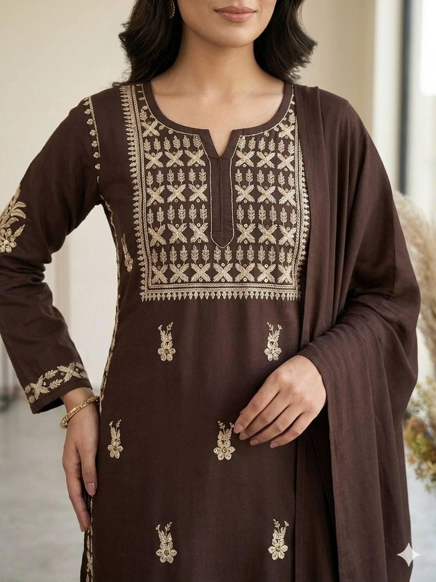 Embroidered Brown Rayon Kurta Salwar Set with Dupatta | Festive Party Wear