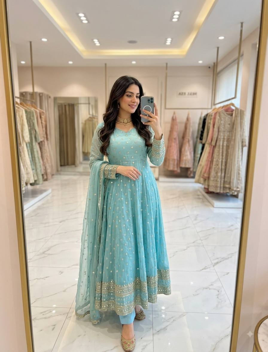 Designer Sky Blue Pure Fendy Silk Sequence Embroidery Gown, Pant & Dupatta Set with Latkan Dori