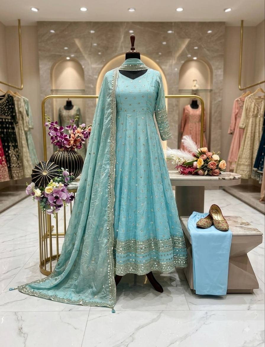 Designer Sky Blue Pure Fendy Silk Sequence Embroidery Gown, Pant & Dupatta Set with Latkan Dori