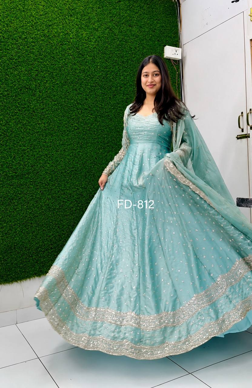 Designer Sky Blue Pure Fendy Silk Sequence Embroidery Gown, Pant & Dupatta Set with Latkan Dori