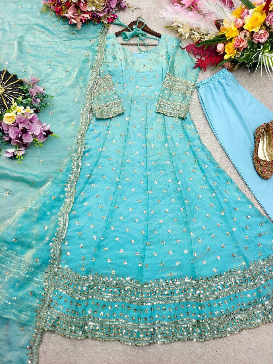 Designer Sky Blue Pure Fendy Silk Sequence Embroidery Gown, Pant & Dupatta Set with Latkan Dori