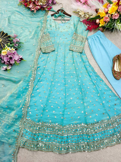 Designer Sky Blue Pure Fendy Silk Sequence Embroidery Gown, Pant & Dupatta Set with Latkan Dori
