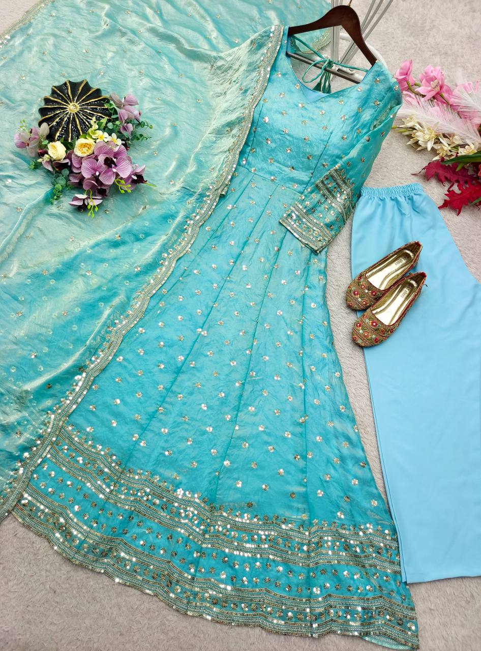 Designer Sky Blue Pure Fendy Silk Sequence Embroidery Gown, Pant & Dupatta Set with Latkan Dori