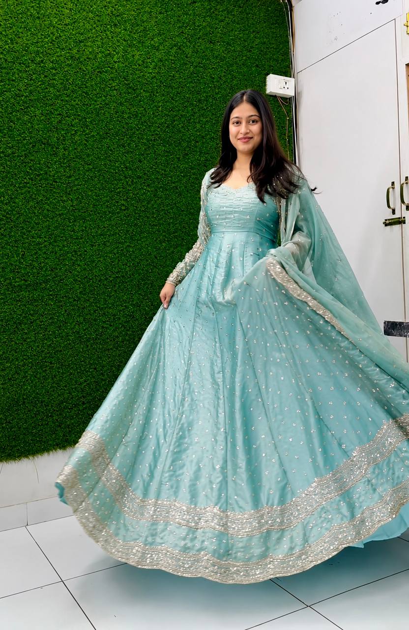 Designer Sky Blue Pure Fendy Silk Sequence Embroidery Gown, Pant & Dupatta Set with Latkan Dori