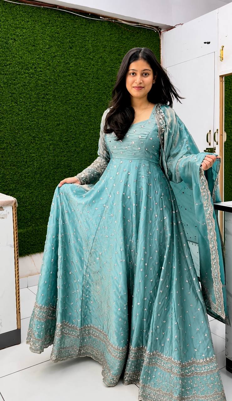 Designer Sky Blue Pure Fendy Silk Sequence Embroidery Gown, Pant & Dupatta Set with Latkan Dori