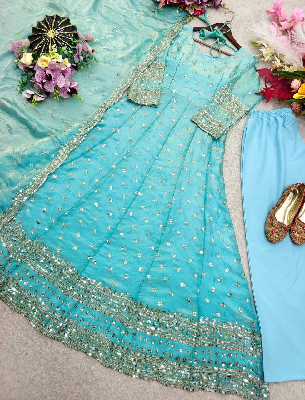 Designer Sky Blue Pure Fendy Silk Sequence Embroidery Gown, Pant & Dupatta Set with Latkan Dori
