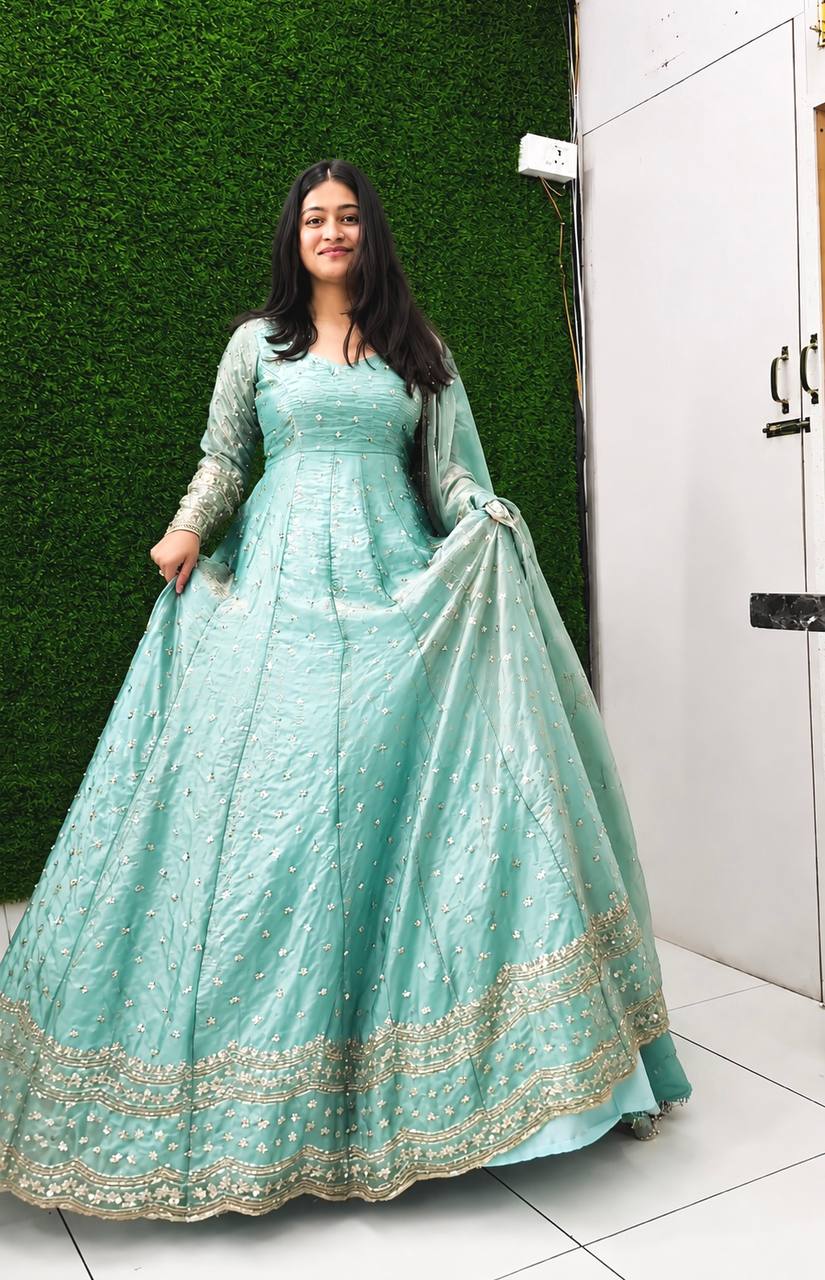 Designer Sky Blue Pure Fendy Silk Sequence Embroidery Gown, Pant & Dupatta Set with Latkan Dori