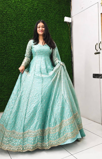 Designer Sky Blue Pure Fendy Silk Sequence Embroidery Gown, Pant & Dupatta Set with Latkan Dori