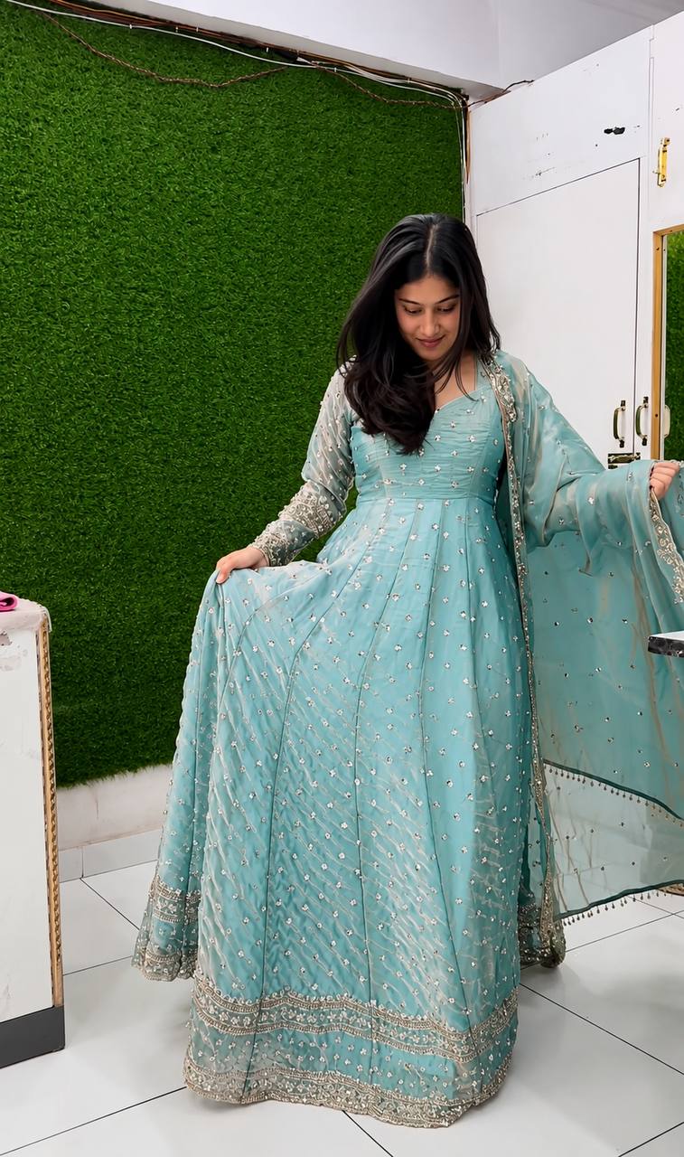 Designer Sky Blue Pure Fendy Silk Sequence Embroidery Gown, Pant & Dupatta Set with Latkan Dori